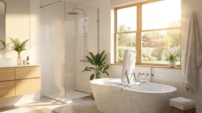Ein modernes, helles Badezimmer mit weißen Fliesen. An der Badewanne ist ein sauberer, sicherer Badewannenlift installiert. Warmes Sonnenlicht scheint durch ein Fenster.