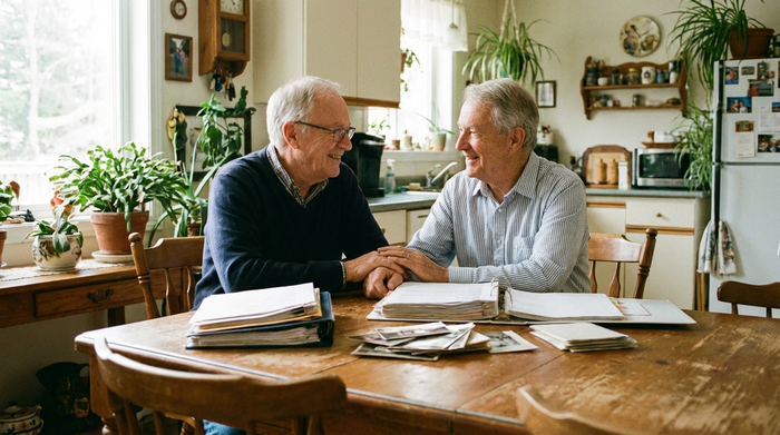 Ein älteres Ehepaar sitzt gemeinsam am Esstisch, beide lächeln zufrieden und schauen sich an. Vor ihnen liegen ordentlich sortierte Dokumente auf dem Holztisch.