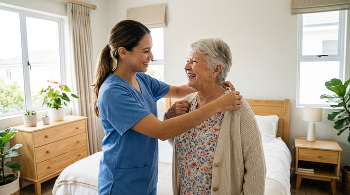 Eine freundliche Pflegekraft hilft einer älteren Dame beim Anziehen einer leichten Strickjacke in einem hellen, aufgeräumten Schlafzimmer. Beide lächeln sich an.