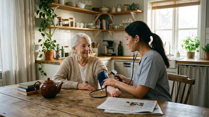 Eine ältere Frau sitzt entspannt an einem Holztisch, während eine Pflegekraft behutsam ihren Blutdruck misst. Im Hintergrund eine aufgeräumte, gemütliche Küche.