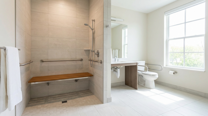 Ein modernes, barrierefreies Badezimmer mit einer ebenerdigen Dusche, Haltegriffen und einem Duschsitz. Helle Fliesen und viel Tageslicht sorgen für eine sichere Atmosphäre.