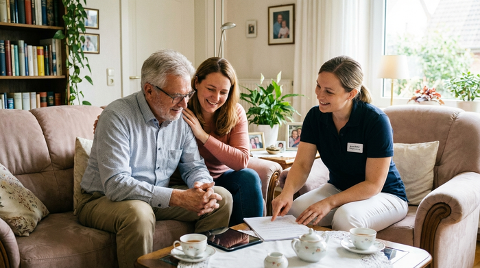 Ein älterer Herr und seine Tochter sitzen gemeinsam mit einer Pflegeberaterin auf einem bequemen Sofa und besprechen entspannt Unterlagen.