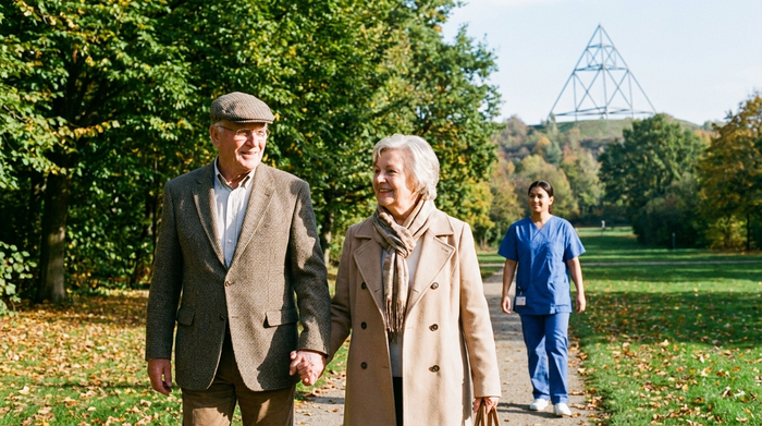 Ein gepflegtes, älteres Ehepaar spaziert entspannt durch einen grünen Park in Bottrop, begleitet von einer aufmerksamen Pflegekraft im Hintergrund.