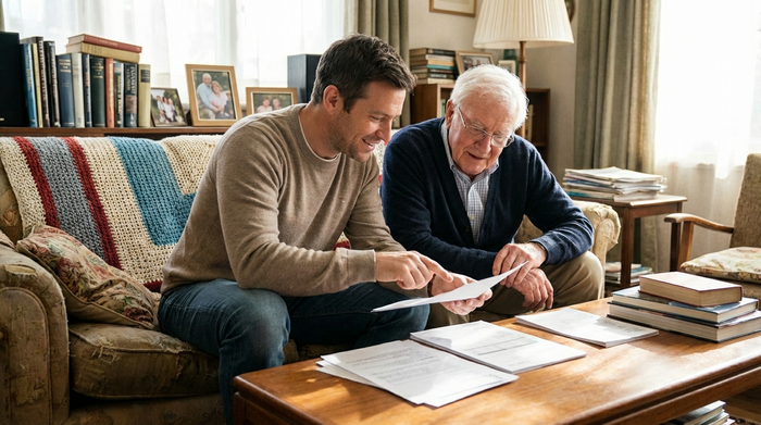 Ein erwachsener Sohn sitzt mit seinem betagten Vater auf dem Sofa und sie betrachten gemeinsam konzentriert, aber entspannt einige Unterlagen auf dem Wohnzimmertisch.