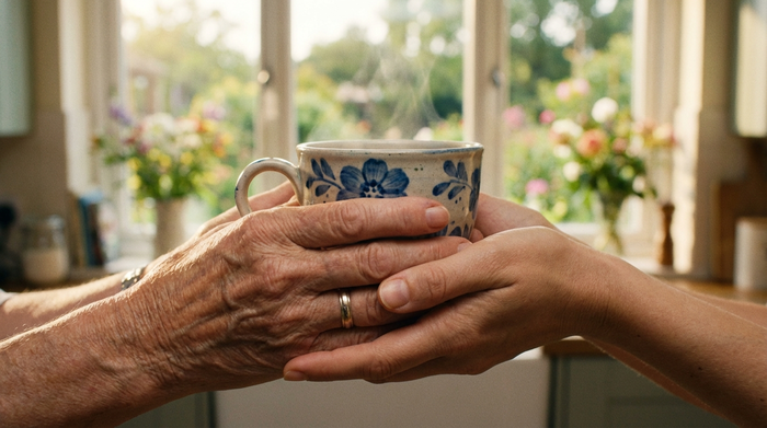 Eine detailreiche Nahaufnahme von zwei Händen, die liebevoll eine Teetasse halten, im Hintergrund unscharf ein helles, freundliches Küchenfenster mit Blick auf einen Garten.