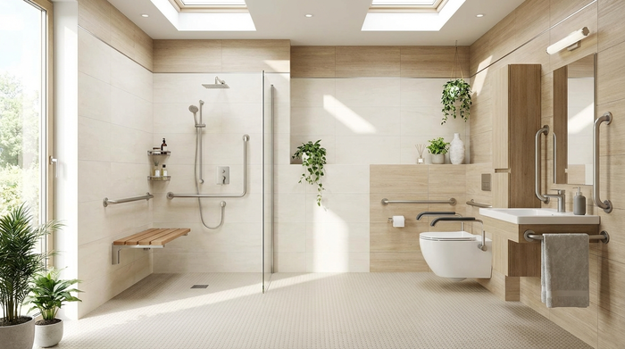 Ein modernes, helles und barrierefreies Badezimmer mit einer bodengleichen Dusche, eleganten Haltegriffen an den Wänden und einem rutschfesten Bodenbelag.