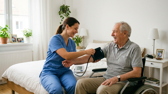 Eine professionelle Pflegekraft in blauer Dienstkleidung misst bei einem älteren Herrn im Rollstuhl den Blutdruck. Helles, aufgeräumtes Schlafzimmer, freundlicher Umgang, realistisch, ohne Text.