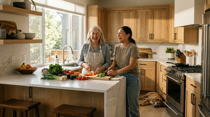 Eine ältere Frau und ihre Betreuerin kochen gemeinsam in einer modernen Küche. Sie schneiden frisches Gemüse und lachen miteinander. Warme, familiäre Atmosphäre, realistisch, keine Schilder.