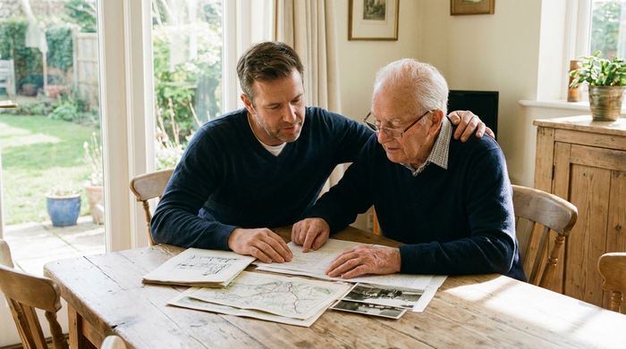 Ein erwachsener Sohn sitzt mit seinem alten Vater an einem Holztisch, sie betrachten konzentriert einige Papiere. Helles Esszimmer, vertrauensvolle Stimmung, realistisch, keine lesbaren Texte.