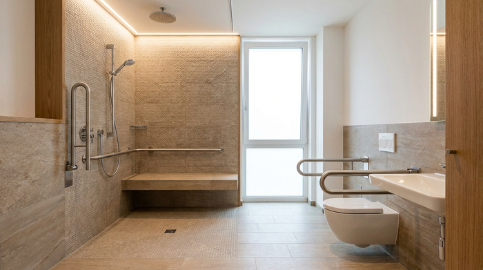 Ein modernes, barrierefreies Badezimmer mit einer ebenerdigen Dusche, rutschfesten Fliesen und stabilen Haltegriffen. Sauber, gut beleuchtet, sicheres Umfeld für Senioren, realistischer Architektur-Fotostil, ohne Text.
