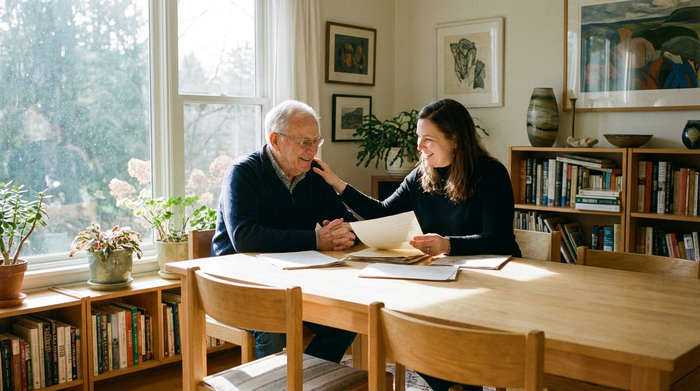 Ein älterer Herr und seine Tochter sitzen gemeinsam an einem hellen Esstisch aus Holz und betrachten lächelnd einige Dokumente. Die Atmosphäre ist ruhig und vertrauensvoll, Sonnenlicht fällt durch das Fenster.
