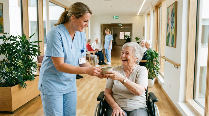 Eine freundliche Pflegekraft in hellblauer Berufskleidung reicht einer lächelnden Seniorin im Rollstuhl eine Tasse Tee. Im Hintergrund ist ein gepflegter, heller Flur einer modernen Senioreneinrichtung zu sehen.