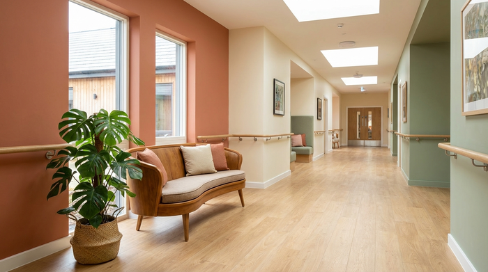 Ein heller, breiter Flur in einer modernen Pflegeeinrichtung, der als sicherer Rundweg angelegt ist. Die Wände sind in beruhigenden, warmen Farben gestrichen. An der Seite steht eine gemütliche Sitzbank im Retro-Stil neben einer großen, grünen Zimmerpflanze.