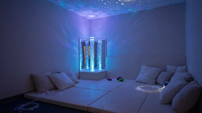 Ein entspannender Snoezelraum mit gedimmtem Licht. Eine sanft leuchtende Wassersäule wirft beruhigende blaue und violette Reflexe auf die hellen Wände. Bequeme, weiße Liegematten und weiche Kissen laden zum Ausruhen ein.