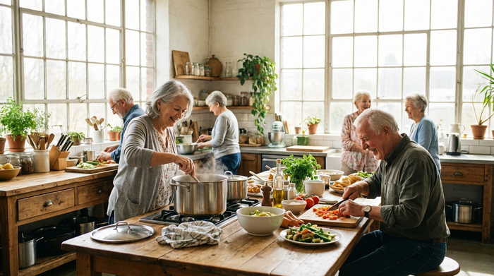 Eine kleine Gruppe älterer Menschen kocht gemeinsam in einer großen, wohnlichen und lichtdurchfluteten Gemeinschaftsküche. Eine Frau rührt aufmerksam in einem Topf, während ein Mann am Tisch lächelnd frisches Gemüse schneidet. Die Atmosphäre ist familiär und fröhlich.