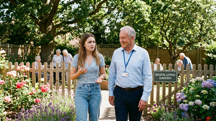 Eine besorgte jüngere Frau und ein freundlicher Einrichtungsleiter gehen gemeinsam durch einen sonnigen, sicher umzäunten Gartenbereich eines Pflegeheims. Sie unterhalten sich zugewandt, im Hintergrund blühen bunte Blumenbeete und alte Bäume spenden Schatten.