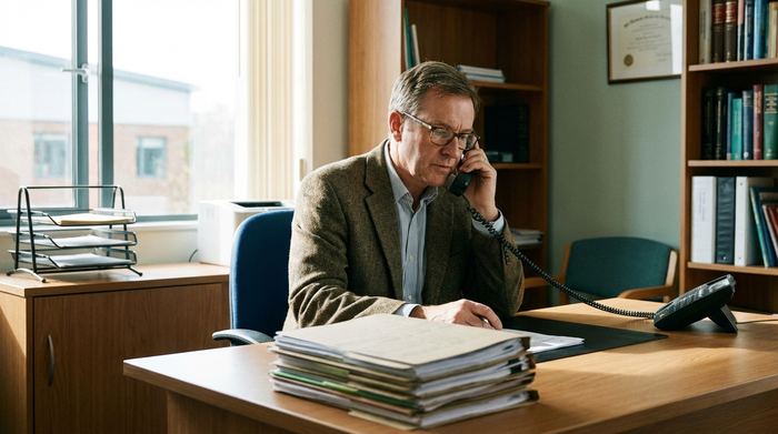 Ein seriöser Sozialarbeiter sitzt an einem aufgeräumten Schreibtisch in einem Krankenhausbüro und telefoniert konzentriert. Vor ihm liegen ordentlich sortierte Aktenordner. Helles Tageslicht, professionelle und beruhigende Atmosphäre, realistisch, kein Text.