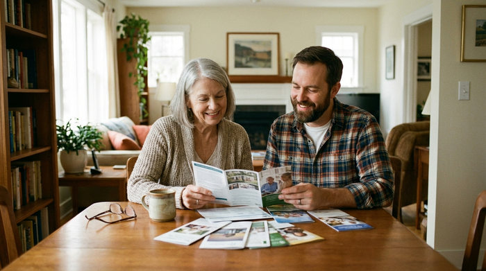 Eine ältere Frau und ihr erwachsener Sohn sitzen gemeinsam an einem Esstisch und schauen sich lächelnd Broschüren an. Eine Kaffeetasse steht auf dem Tisch. Gemütliche, hoffnungsvolle Stimmung im heimischen Wohnzimmer, fotorealistisch, ohne lesbaren Text.
