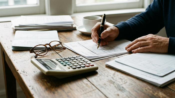 Nahaufnahme von Händen, die sorgfältig Dokumente mit einem Stift ausfüllen. Ein Taschenrechner und eine Lesebrille liegen auf einem Holztisch. Klar strukturiertes Umfeld, das finanzielle Planung symbolisiert, ohne lesbaren Text, realistisch.