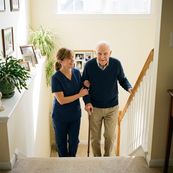 Eine freundliche Pflegekraft hilft einem älteren Herrn liebevoll beim Treppensteigen in einem gepflegten Einfamilienhaus. Helle, sichere Umgebung, positive und unterstützende Ausstrahlung, fotorealistisch.