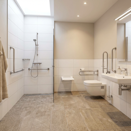 Ein modernes Badezimmer mit einer barrierefreien, bodengleichen Dusche und Haltegriffen an den weißen Wänden. Sauber, hell erleuchtet, rutschfeste Fliesen, sicheres Wohnumfeld für Senioren, ohne Text, realistisch.