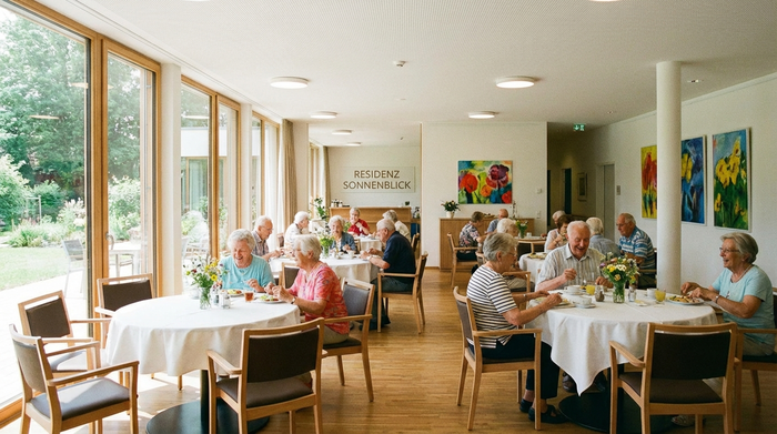Ein heller, einladender Speisesaal in einer modernen Seniorenresidenz. Ältere Menschen sitzen fröhlich an Tischen mit weißen Tischdecken und essen gemeinsam. Große Fensterfronten, sonnig, lebendige und warme Atmosphäre, fotorealistisch.