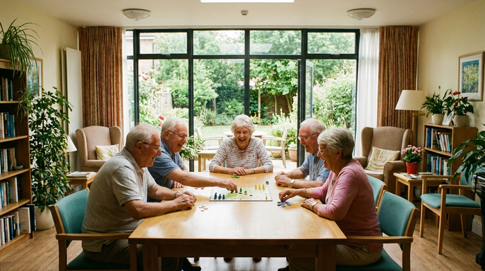 Eine Gruppe glücklicher Senioren sitzt in einem gemütlichen, hellen Gemeinschaftsraum zusammen an einem Tisch und spielt ein Brettspiel. Im Hintergrund große Fenster mit Blick auf einen grünen Garten. Realistische, herzliche Stimmung ohne Text.