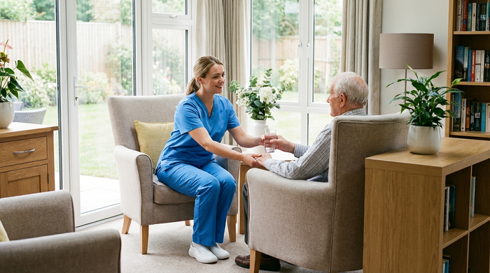 Eine professionelle Pflegekraft in sauberer, heller Dienstkleidung reicht einem älteren Herrn liebevoll ein Glas Wasser. Der Raum ist freundlich und modern eingerichtet, mit bequemen Ruhesesseln im Hintergrund. Klare, realistische Szene ohne Text.