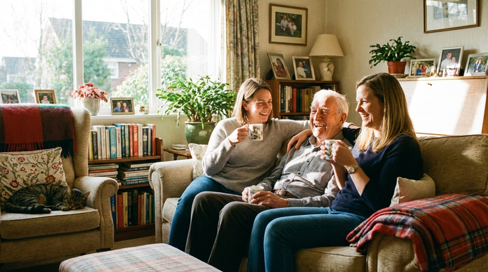 Zwei erwachsene Töchter sitzen mit ihrem älteren Vater entspannt auf einem Sofa im heimischen Wohnzimmer und trinken Tee. Alle wirken erleichtert und glücklich. Ein sonniger Nachmittag in einer gemütlichen Wohnung, realistische Szene ohne Text.