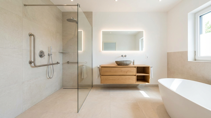Ein modern renoviertes, helles Badezimmer mit einer großzügigen, bodengleichen Dusche und eleganten Haltegriffen an der Wand. Sauber, sicher und barrierefrei gestaltet. Realistisches Interieur ohne Text.