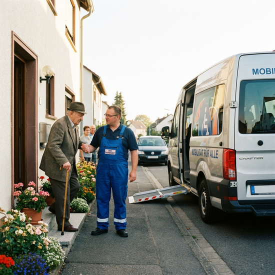 Ein geduldiger Fahrer in blauer Arbeitskleidung stützt einen älteren Herrn mit Gehstock auf dem Weg von der Haustür zum wartenden Transportfahrzeug an einem hellen Vormittag.
