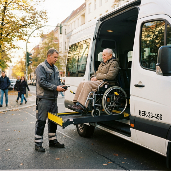 Ein Fahrer bedient konzentriert die hydraulische Hebebühne eines weißen Kleinbusses, um einen Senior im Rollstuhl sanft und sicher in das Fahrzeug zu heben.