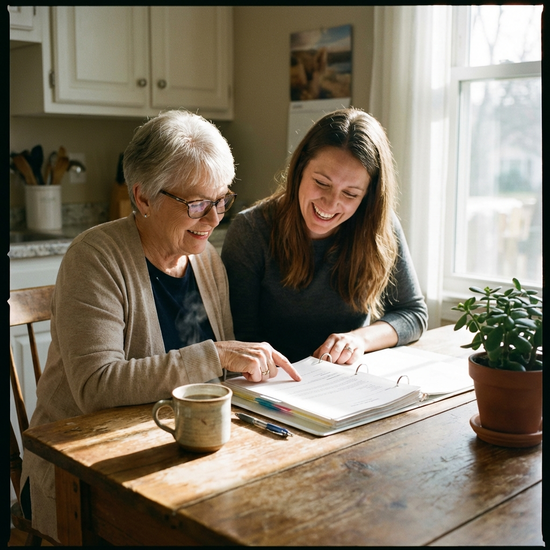 Eine ältere Frau und ihre Tochter sitzen entspannt am Küchentisch und schauen lächelnd auf übersichtliche Dokumente, eine Tasse Kaffee steht daneben.