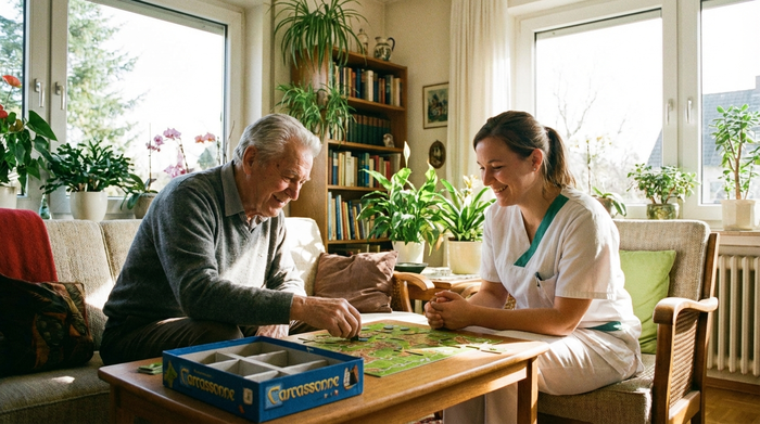 Ein älterer Herr mit grauem Haar spielt lächelnd ein Brettspiel mit einer Pflegekraft in einem hellen, freundlichen Zimmer. Im Hintergrund gemütliche Wohnzimmeratmosphäre mit grünen Zimmerpflanzen.