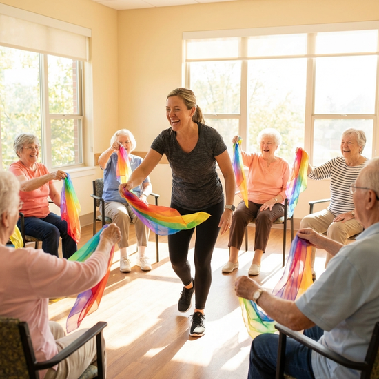 Eine Gruppe von Senioren macht leichte Sitzgymnastik mit bunten Tüchern in einem sonnigen Raum. Eine motivierende Trainerin macht die Übungen vor, alle wirken fröhlich und aktiv.