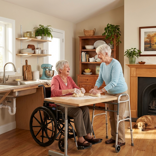 Zwei ältere Damen backen gemeinsam in einer barrierefreien Küche. Sie kneten fröhlich Teig auf einer bemehlten Arbeitsfläche in einer warmen, häuslichen Umgebung.