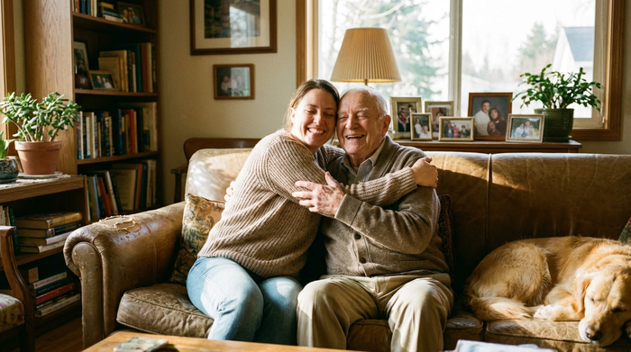 Eine erwachsene Tochter umarmt ihren älteren Vater liebevoll auf dem Sofa im heimischen Wohnzimmer. Beide wirken sehr entspannt und glücklich im sanften Nachmittagslicht.