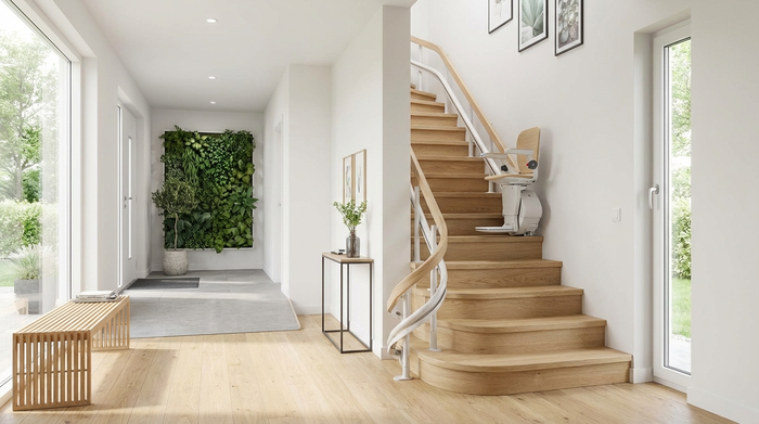 Ein moderner, unauffälliger Treppenlift in einem hellen, aufgeräumten Einfamilienhaus. Die Treppe besteht aus hellem Holz, der Eingangsbereich wirkt sicher, barrierefrei und einladend.