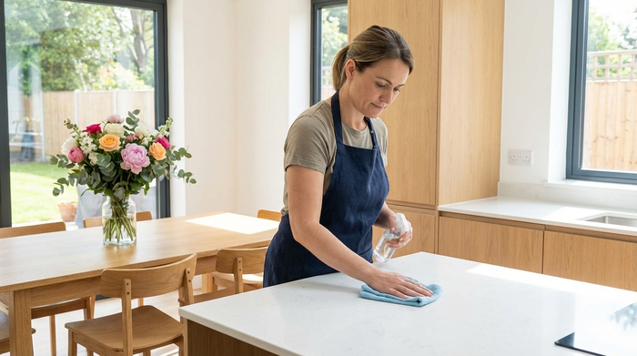 Eine professionelle Haushaltshilfe reinigt sorgfältig die Arbeitsfläche in einer modernen, hellen Küche. Sie trägt eine unauffällige Schürze. Im Hintergrund steht ein frischer Blumenstrauß auf dem Esstisch.