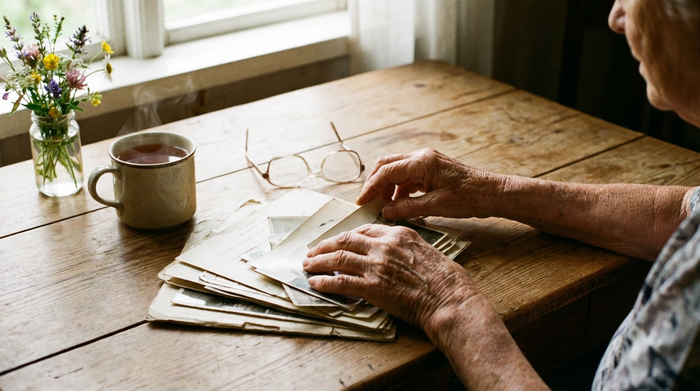 Ein detailreiches Bild von Händen einer älteren Person, die sorgfältig Dokumente auf einem ordentlichen Holztisch sortieren. Eine Tasse Tee steht daneben, weiches Licht beleuchtet die Szene.