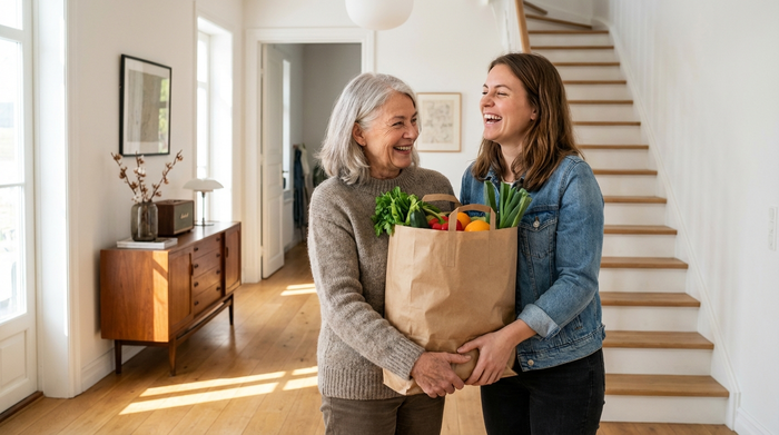 Zwei Frauen, eine älter und eine jünger, stehen lachend im Flur einer gepflegten Wohnung und halten gemeinsam eine Papiertüte mit frischem Gemüse und Obst.