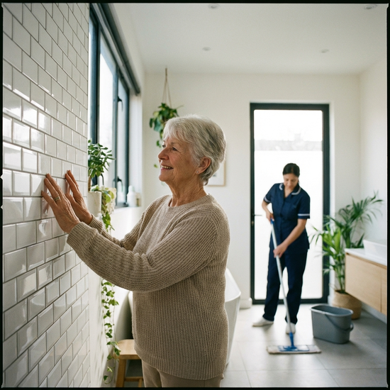 Eine rüstige Seniorin steht in einem sauberen, modernen Badezimmer und betrachtet zufrieden die glänzenden Fliesen. Eine Putzkraft im Hintergrund wischt den Boden. Helle, realistische Szene.