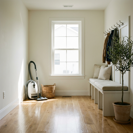 Ein sauberer, aufgeräumter Flur in einem Einfamilienhaus. Ein Staubsauger steht ordentlich in der Ecke, Sonnenlicht scheint auf den frisch gewischten Holzboden. Ruhige, makellose Umgebung.