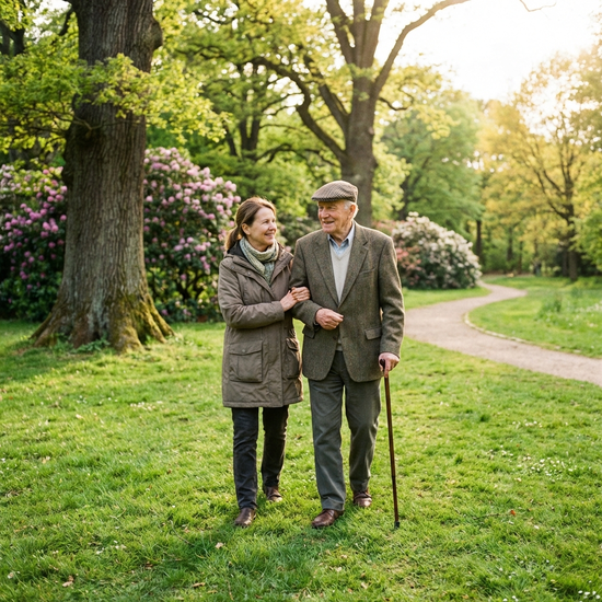 Eine geduldige Alltagsbegleiterin und ein älterer Herr spazieren entspannt durch einen grünen Park. Die Begleiterin stützt den Herrn leicht am Arm. Helles Tageslicht, freundliche Stimmung.