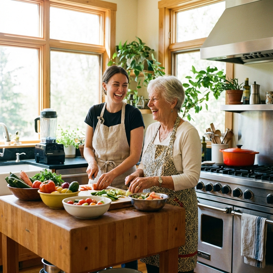 Zwei Frauen, eine jüngere Assistentin und eine Seniorin, bereiten in einer gut ausgestatteten, hellen Küche gemeinsam frisches Gemüse für das Mittagessen vor. Sie lachen herzlich.