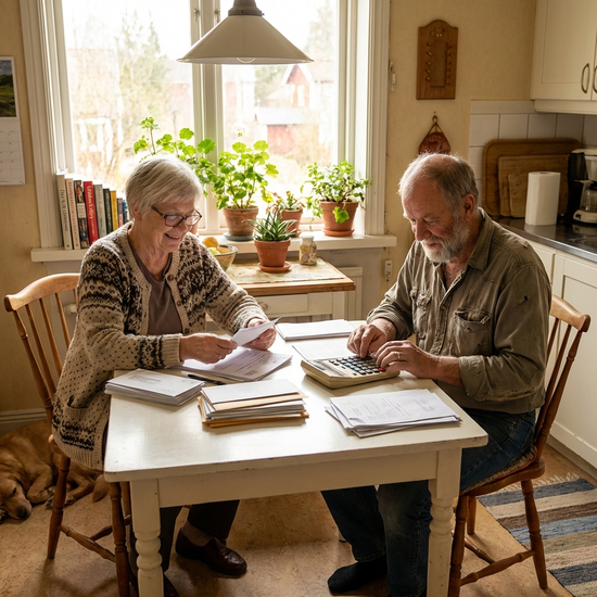 Ein älteres Ehepaar sitzt am Küchentisch und sortiert übersichtlich Dokumente und Briefumschläge. Ein Taschenrechner liegt griffbereit. Fokussierte, aber entspannte Atmosphäre im hellen Raum.