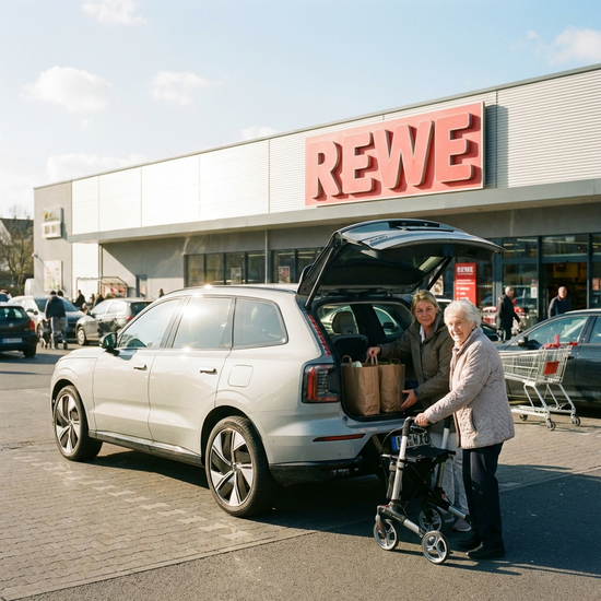 Ein modernes Auto parkt vor einem Supermarkt an einem sonnigen Tag. Eine Betreuerin hilft einer Seniorin beim Einladen von Einkaufstaschen in den Kofferraum. Realistisch und alltäglich.