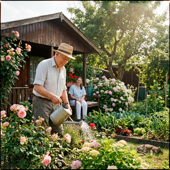 Ein gemütlicher Nachmittag in einem Schrebergarten. Ein älterer Herr gießt entspannt seine Blumen, während eine Betreuerin im Hintergrund lächelnd zuschaut. Sommerliche, idyllische Szene.