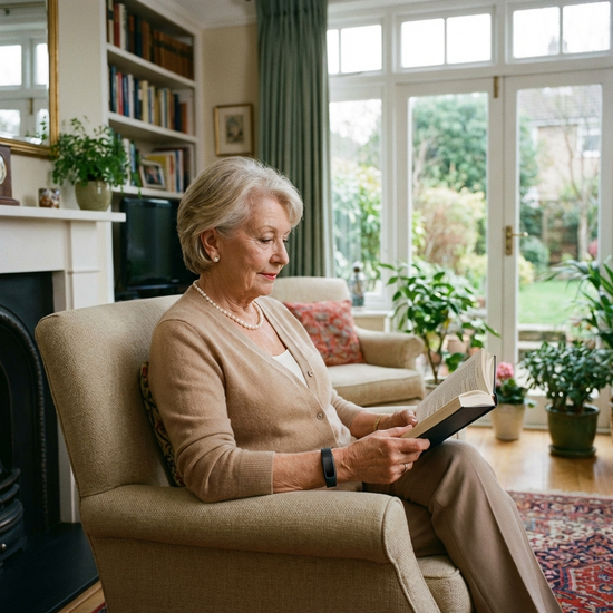 Eine elegante ältere Dame trägt ein unauffälliges Hausnotruf-Armband am Handgelenk, während sie in einem bequemen Sessel ein Buch liest. Sicheres und geborgenes Wohnumfeld.