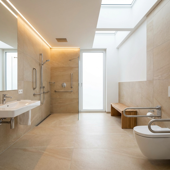 Ein modernes Badezimmer mit einer ebenerdigen, barrierefreien Dusche und Haltegriffen an den Wänden. Hell erleuchtet, rutschfeste Fliesen, sehr sauberes und sicheres Design.
